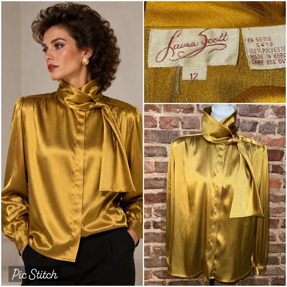 Vintage Laura Scott 80’s Power Blouse Gold Classic neck Bow Button Satin Sz 12